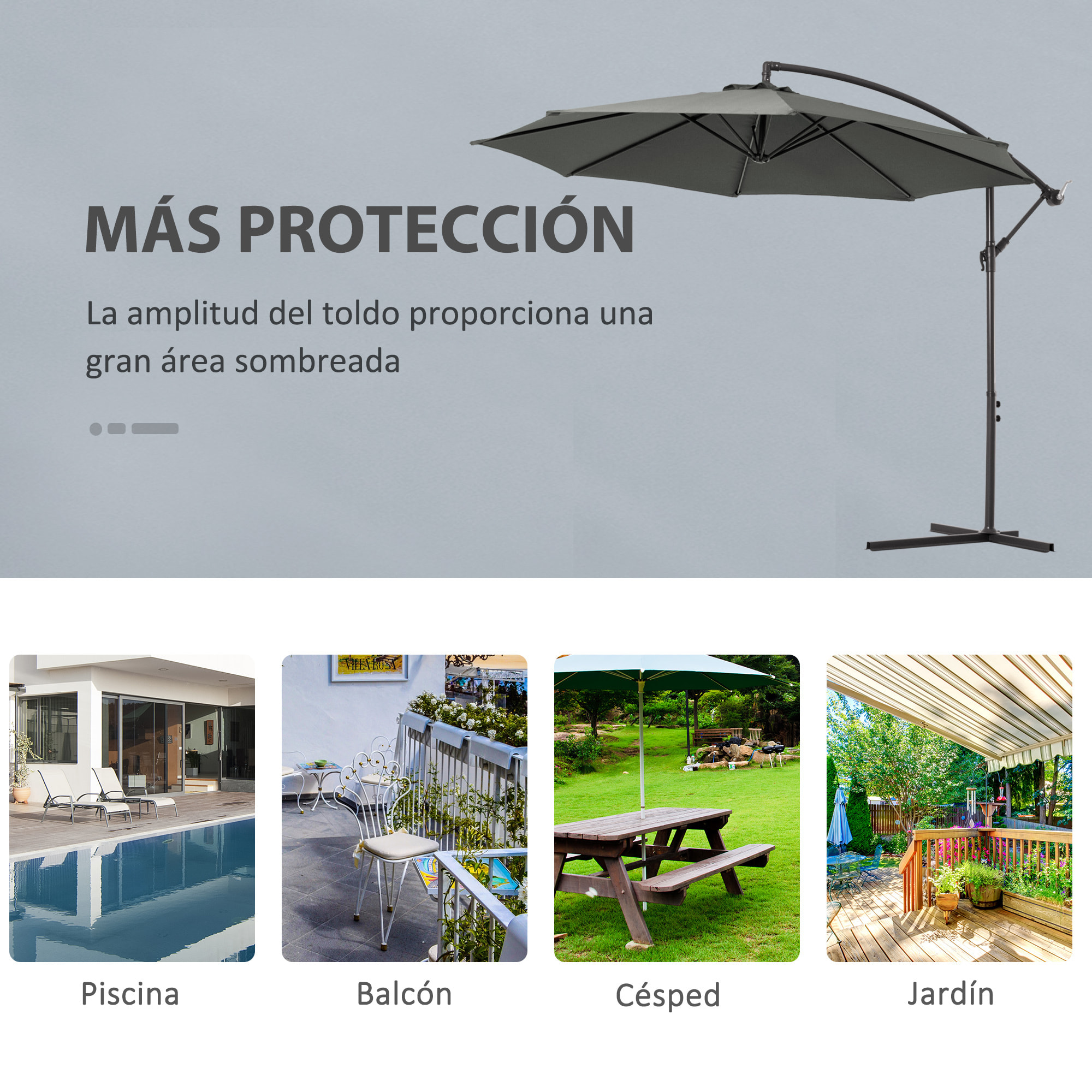 Sombrilla de Jardín Ø300x250 cm Parasol Excéntrico Inclinable con Manivela Base Cruzada y Soporte de Acero Protección Solar para Terraza Exterior Gris