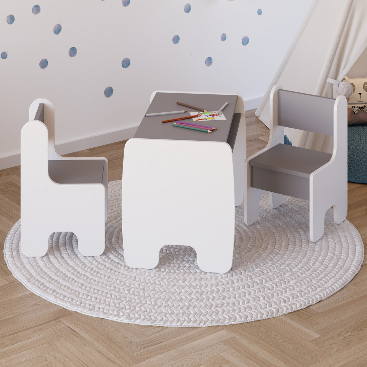 Set bambini TIMI tavolino e due seggiolinе bianco/grigio