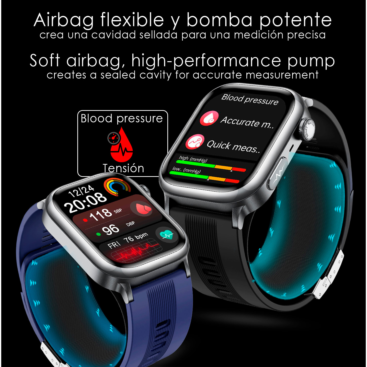 Smartwatch TK66. Llamadas Bluetooth con funciones avanzadas de salud: temperatura corporal, ECG, micro examen físico y presión arterial mediante bomba de inflado y bolsa de aire.