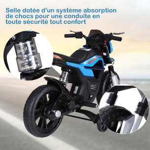 Moto électrique pour enfants 25 W 6 V 3 Km/h effets lumineux et sonores roulettes amovibles bleu