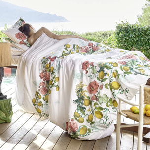 Housse de couette percale de coton lavé imprimé rose jaune Citrons de menton romance