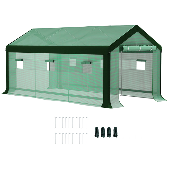 Invernadero de Exterior 6x3x2,8 m Invernadero de Túnel con 6 Ventanas Cubierta de PE Anti-UV y 2 Puertas Enrollables con Cremallera Invernadero para Jardín Patio Verde