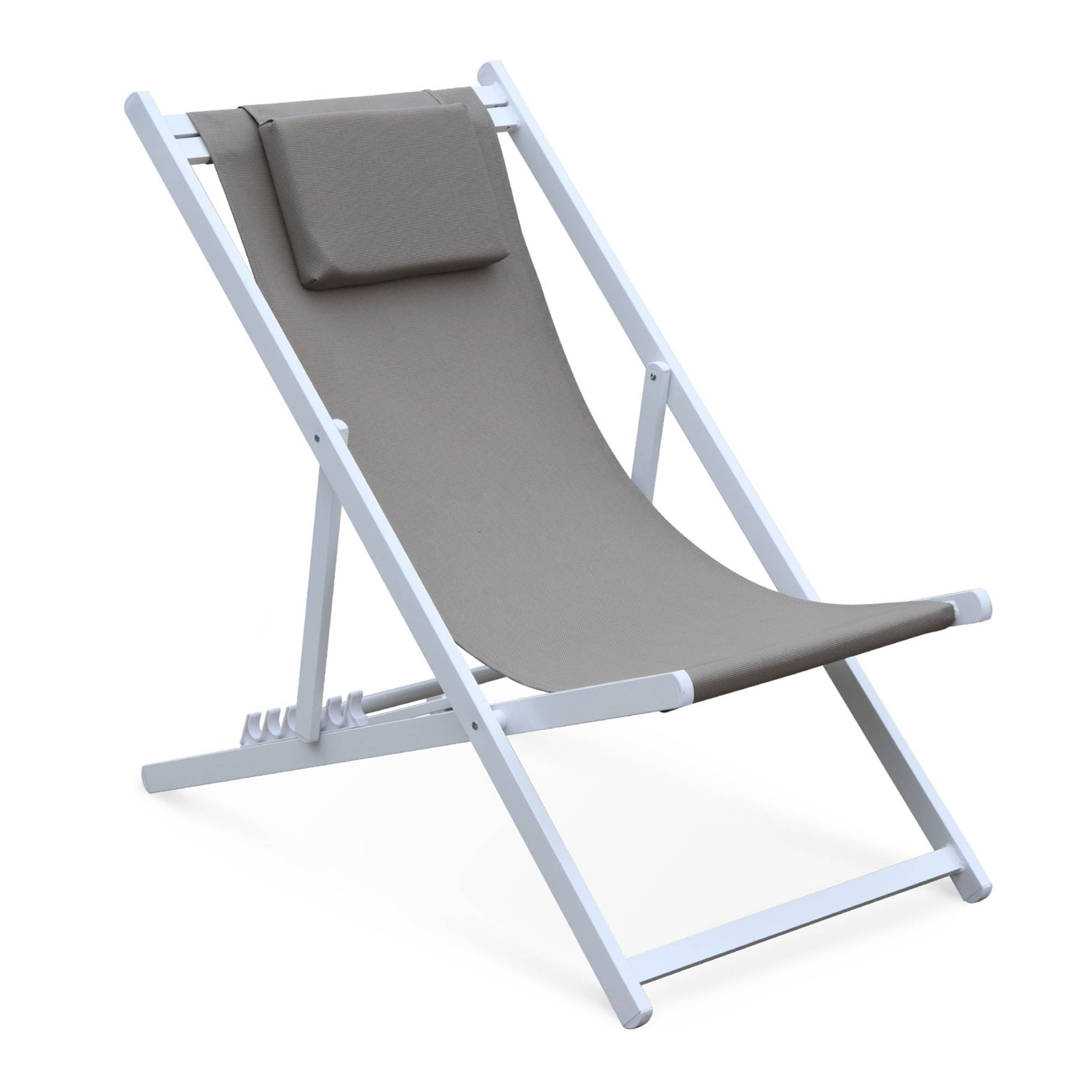 Lot de 2 bains de soleil - Gaia taupe - en aluminium blanc et textilene taupe avec coussin repose tête. chilienne