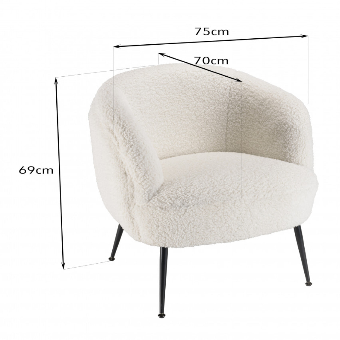 ALBANE - Fauteuil cosy tissu bouclette blanc pieds métal noir