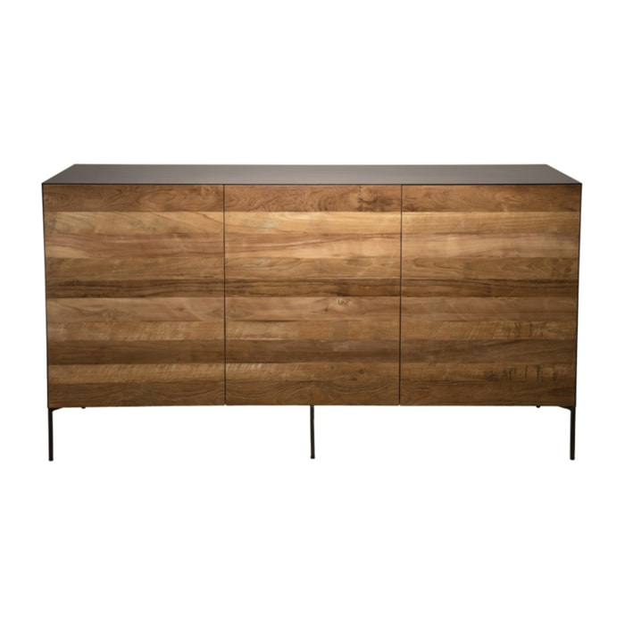 MAXENCE - Buffet naturel et noir 3 portes bois Teck recyclé métal et pieds métal gris anthracite
