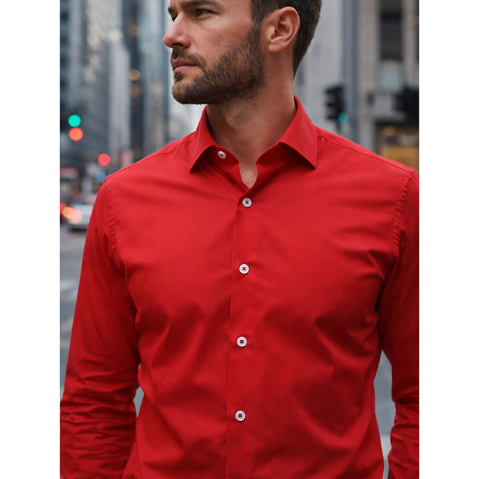 Camicia Uomo 1 Bottone Francese Slim Popeline Stretch Unito Rosso Persia