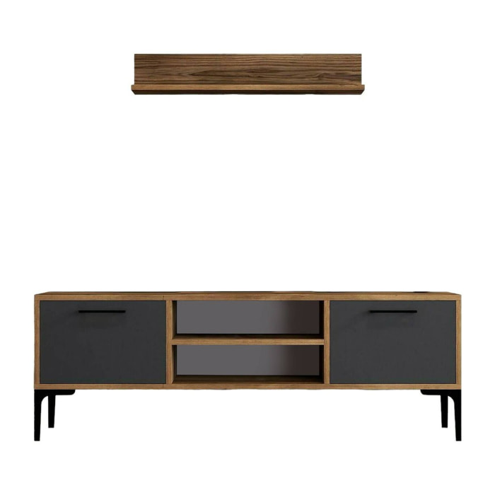 Mobile porta TV sri, Credenza da soggiorno, Armadio basso per TV, Base parete attrezzata, 140x30h48 cm, Noce e Antracite