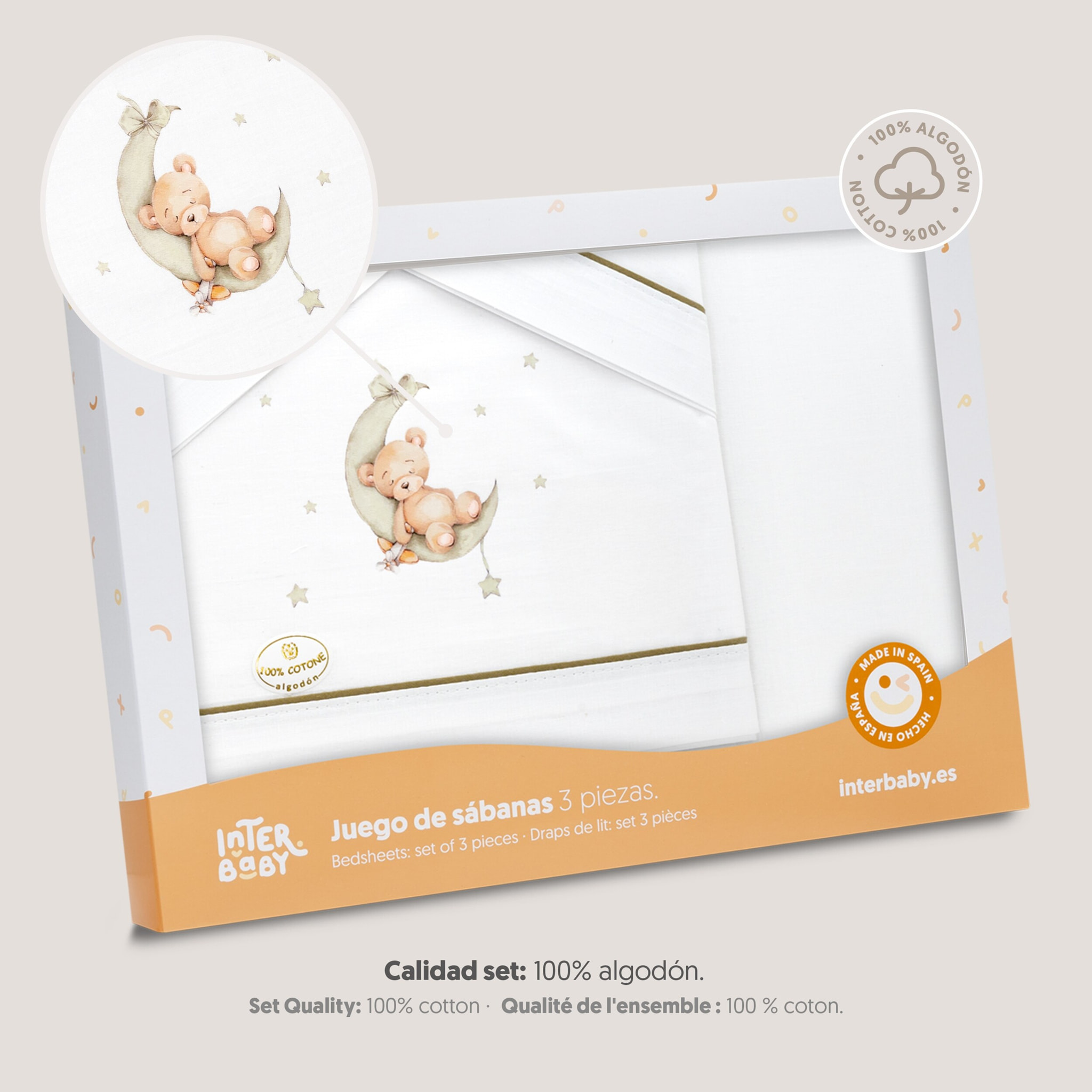 Triptico Minicuna Estampado Oso Luna Estrellas Bco/Verde