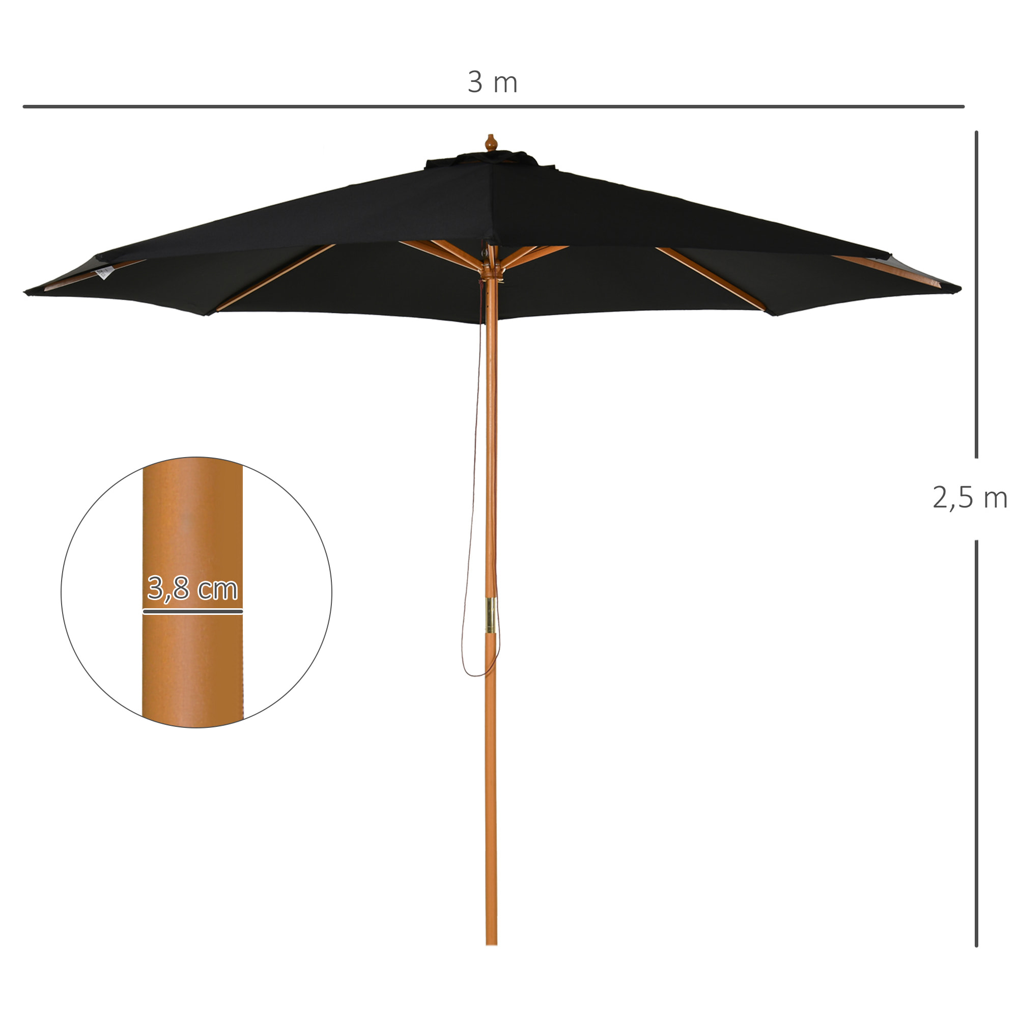 Parasol Ajustable Fácil De Transportar Ø3x2,5m Negro