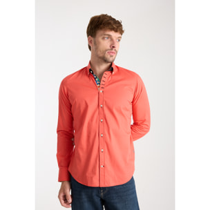 Camicia Uomo 1 Bottoni Button Down Slim Popeline Stretch Unito Corallo