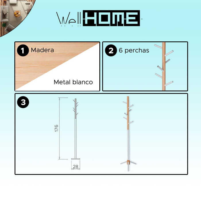 Well home - perchero infantil half de 6 perchas, en metal blanco y madera, 28x28x176 cm