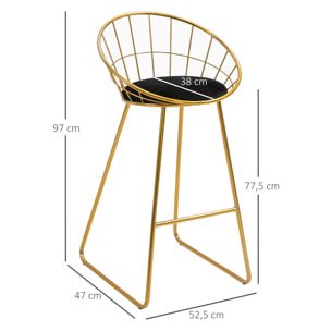 Juego de 2 Taburetes Altos de Cocina con Asiento de Tela Taburetes de Bar Sillas Acapulco con Respaldo y Reposapiés para Comedor 52,5x47x97 cm Dorado