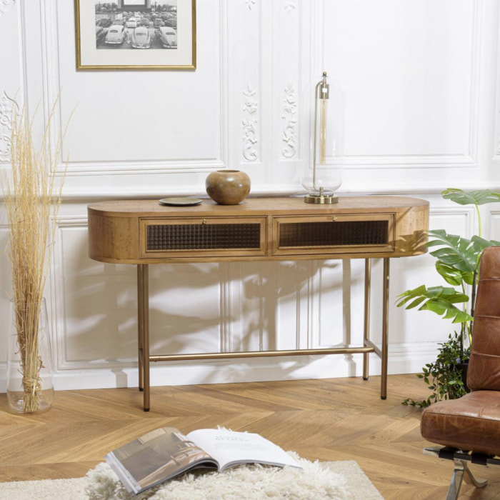 YSEULT - Console arrondie couleur naturelle bois peuplier 2 tiroirs vitrés