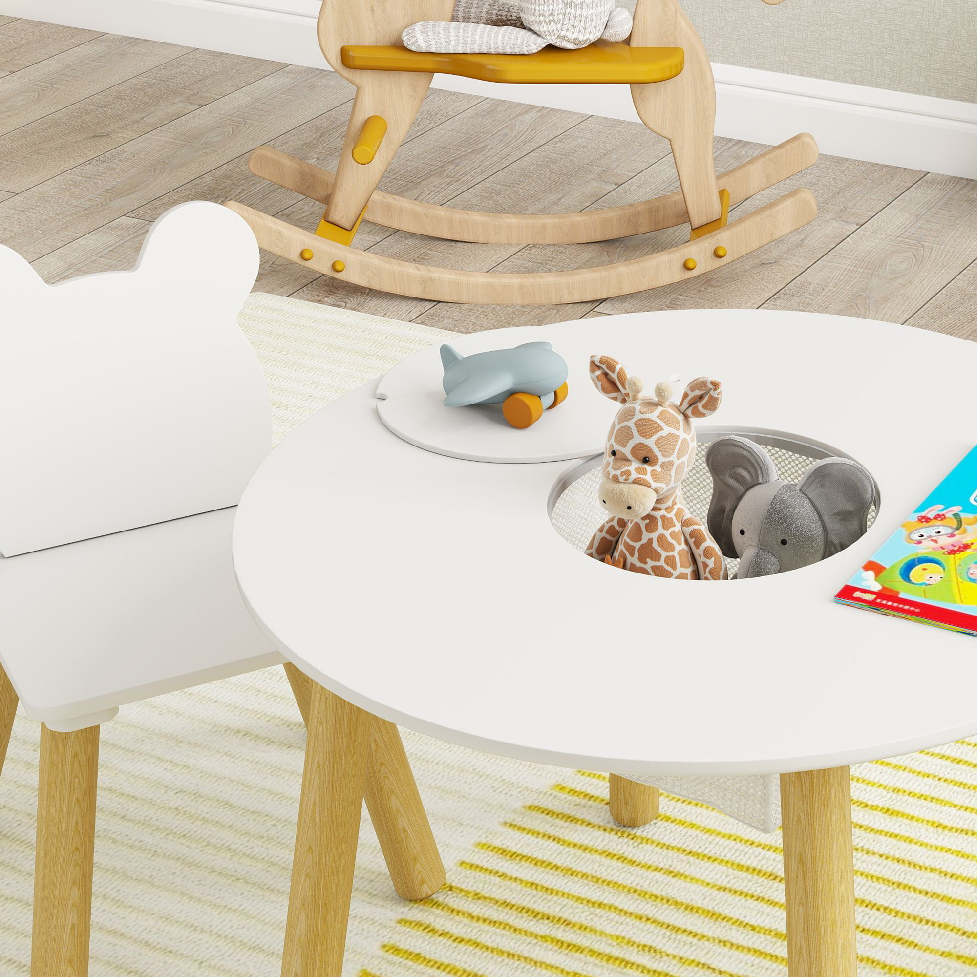 Ensemble table chaises enfant design ourson scandinave - rangement table intégré - blanc aspect bois