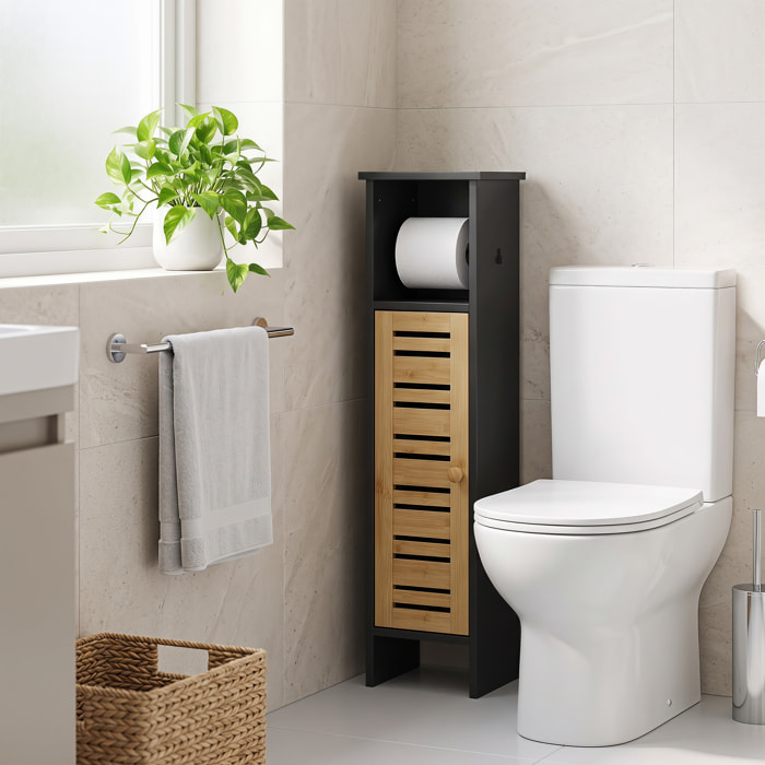 Meuble colonne WC salle de bain style cosy chic porte étagère support papier noir bambou