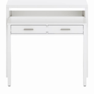 Consolle Billings, Scrivania con piano estensibile, Scrittoio porta PC con 2 cassetti, cm 99x36h88, Bianco