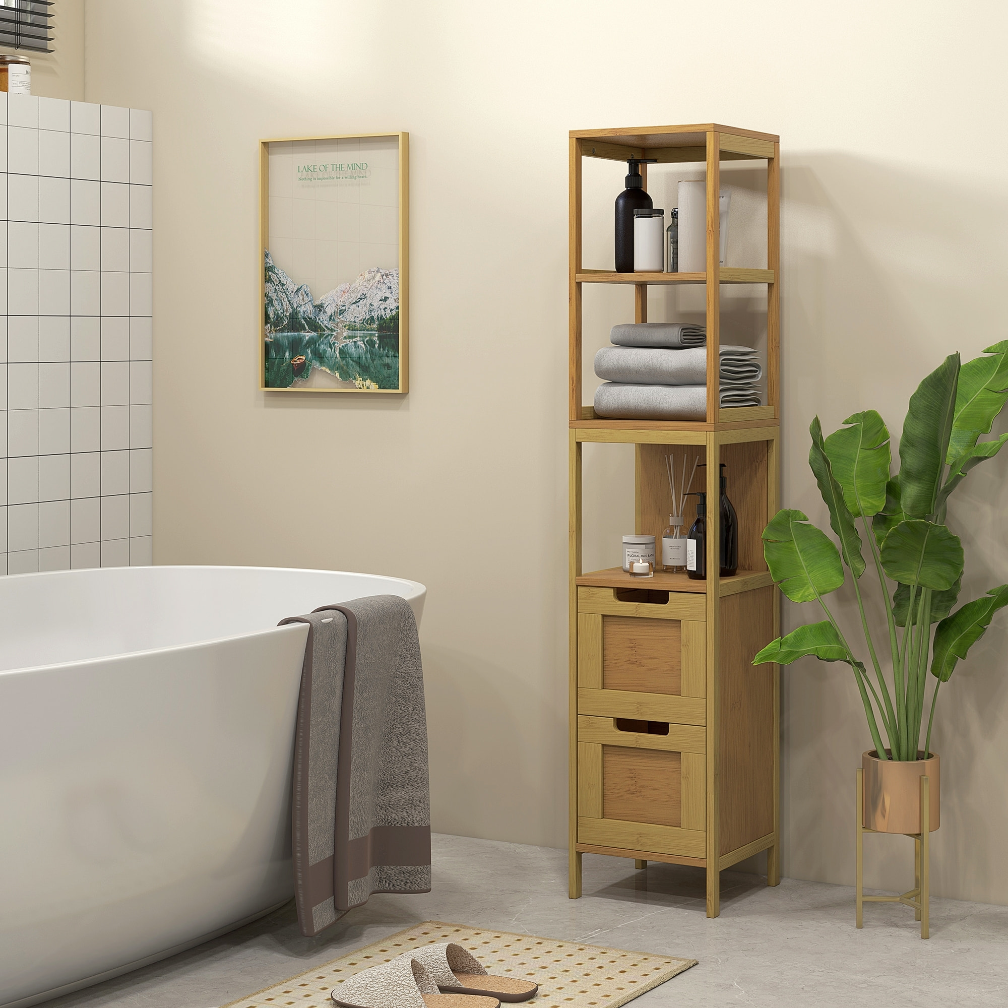 Meuble colonne rangement salle de bain style cosy dim. 30L x 30l x 144H cm 3 étagères 2 tiroirs bambou MDF aspect bois clair