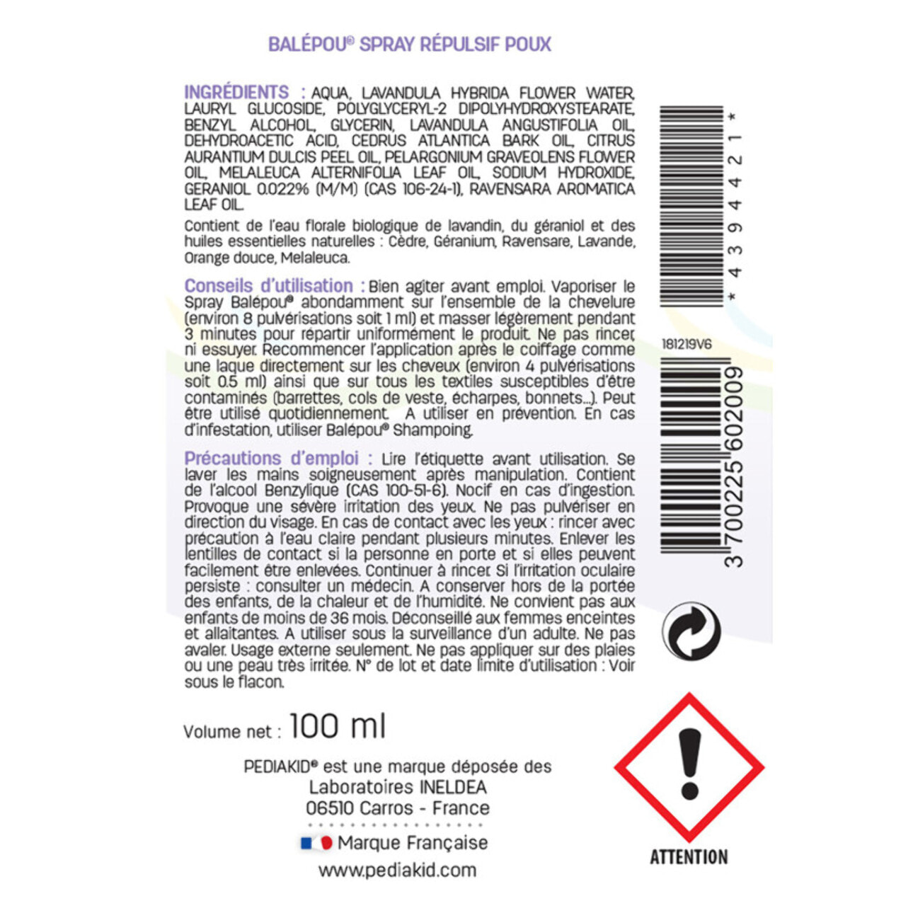 PEDIAKID - Traitement complet Balépou® anti-poux et lentes - 1 Shampoing Anti-Poux et Lentes 200 ml + 1 Spray Répulsif 100 ml + 1 peigne - Lot de 2