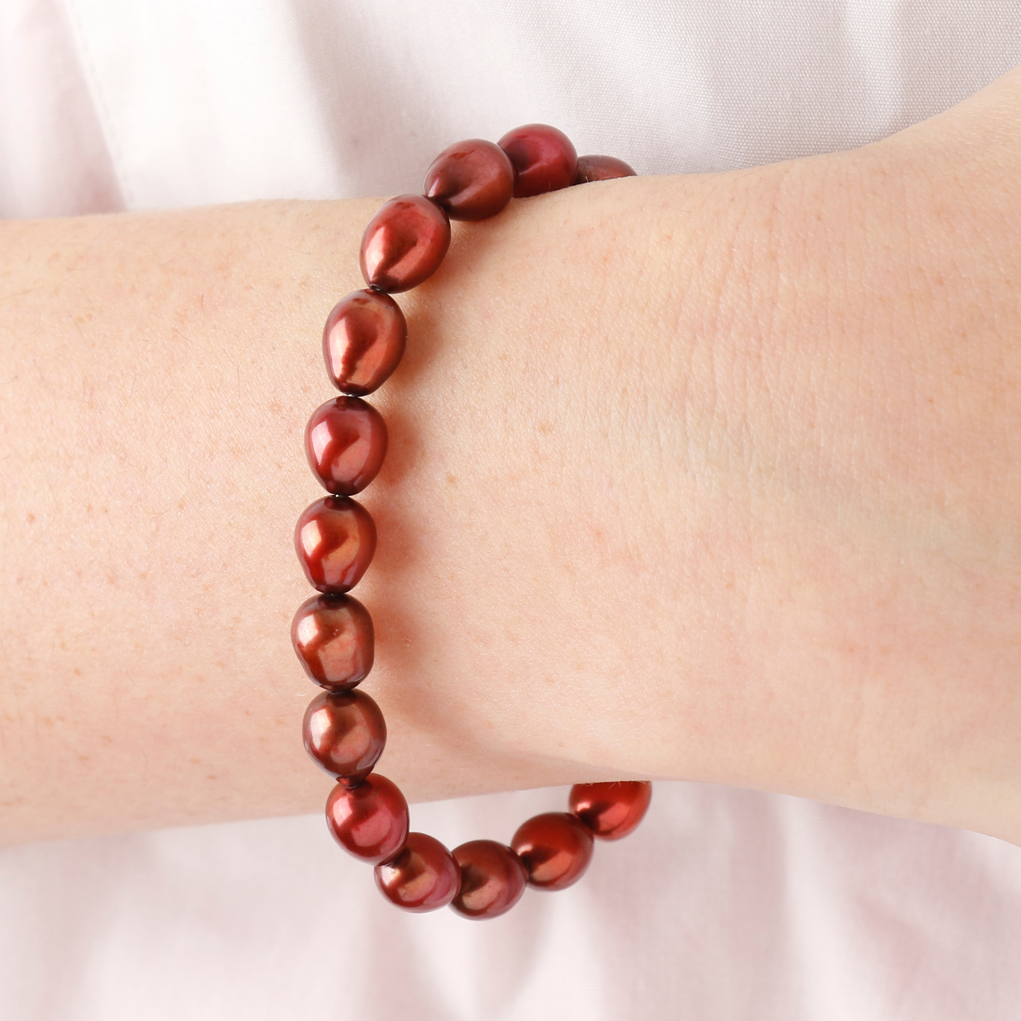 PERLAVIVA - Bracciale in Argento 925 placcato Rodio con Perle d'Acqua Dolce Rosse Ø 6.5/7x8.5/9 mm