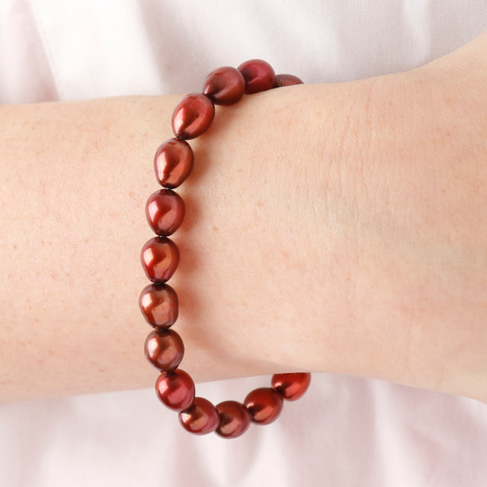 PERLAVIVA - Bracciale in Argento 925 placcato Rodio con Perle d'Acqua Dolce Rosse Ø 6.5/7x8.5/9 mm