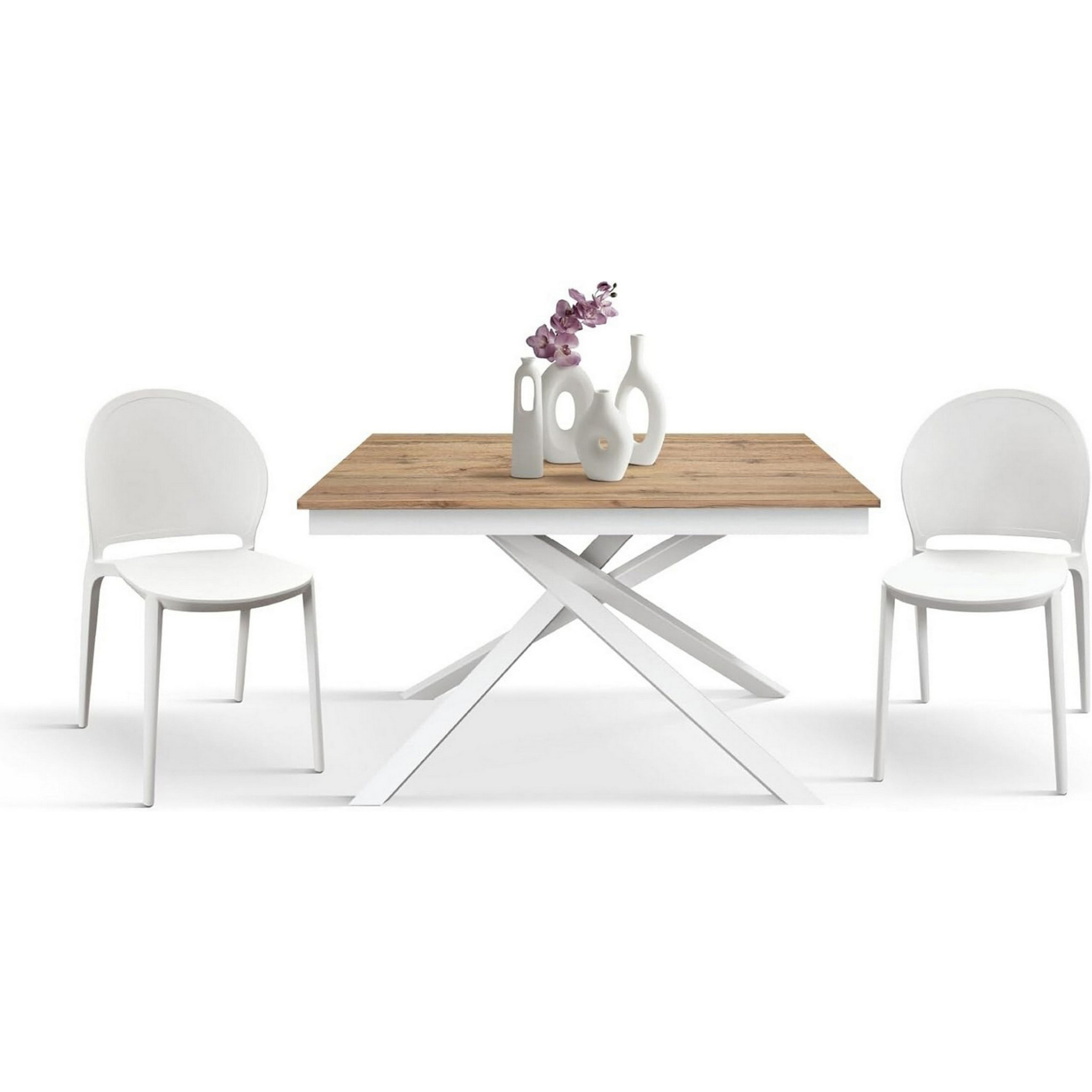 Tavolo VOLPAIA in legno, finitura rovere rustico e base in metallo verniciato bianco, allungabile 160x90 cm - 210x90 cm