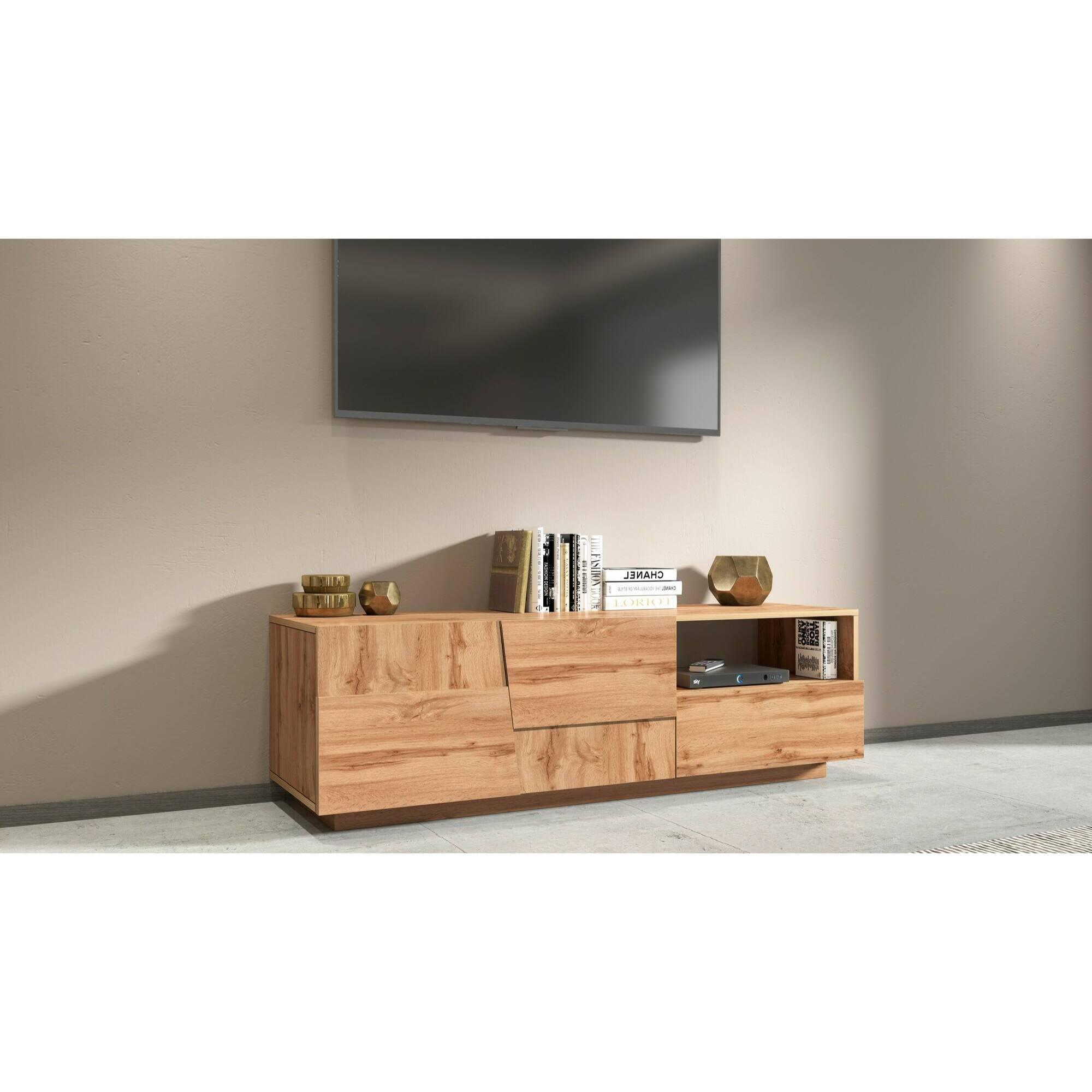 Mobile porta TV Dcoulibal, Credenza bassa da soggiorno con 2 ante e 1 cassetto, Base porta TV, 150x44h46 cm, Rovere