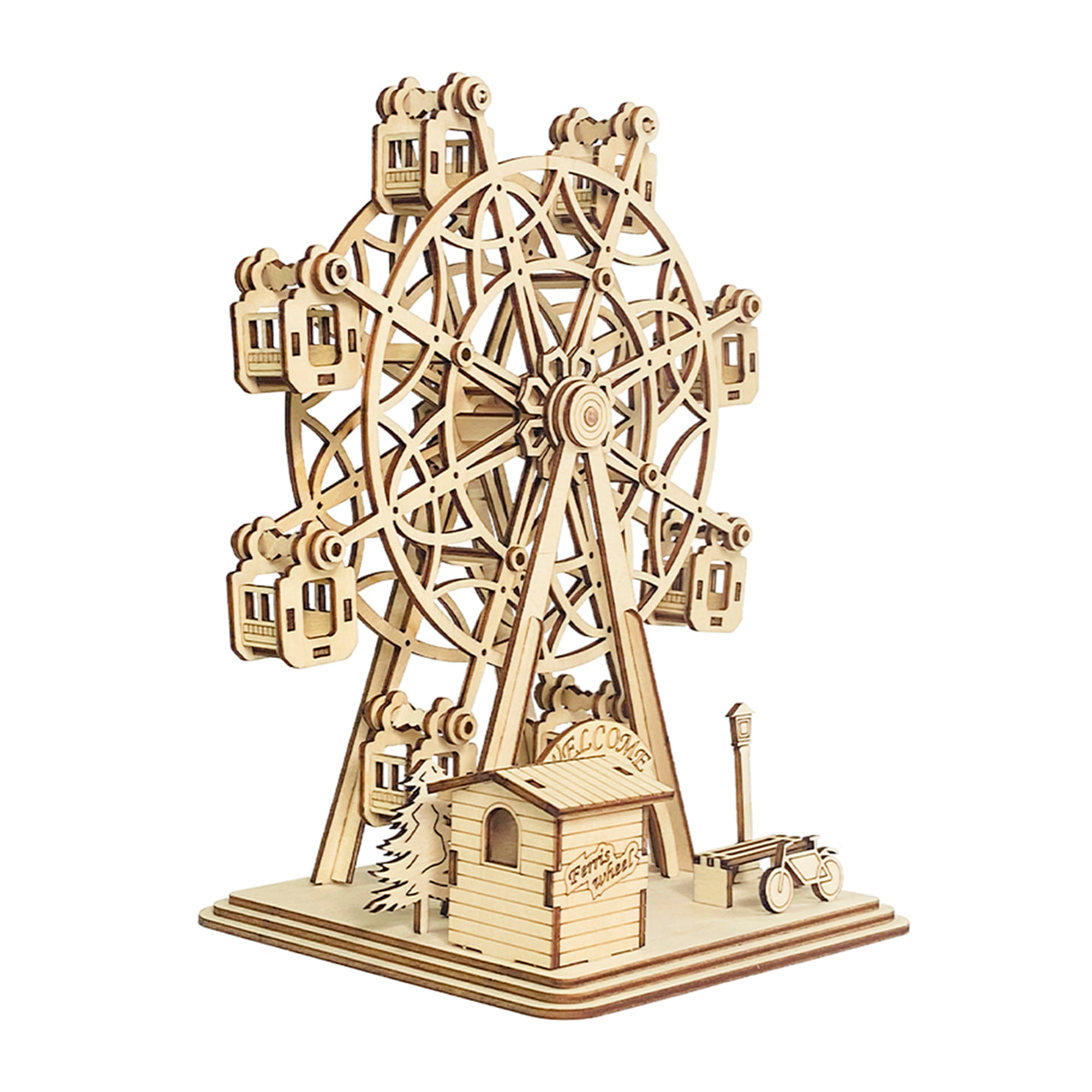 Maqueta de Madera 3D, con movimiento mecánico diseño de Noria Feliz. 117 piezas.