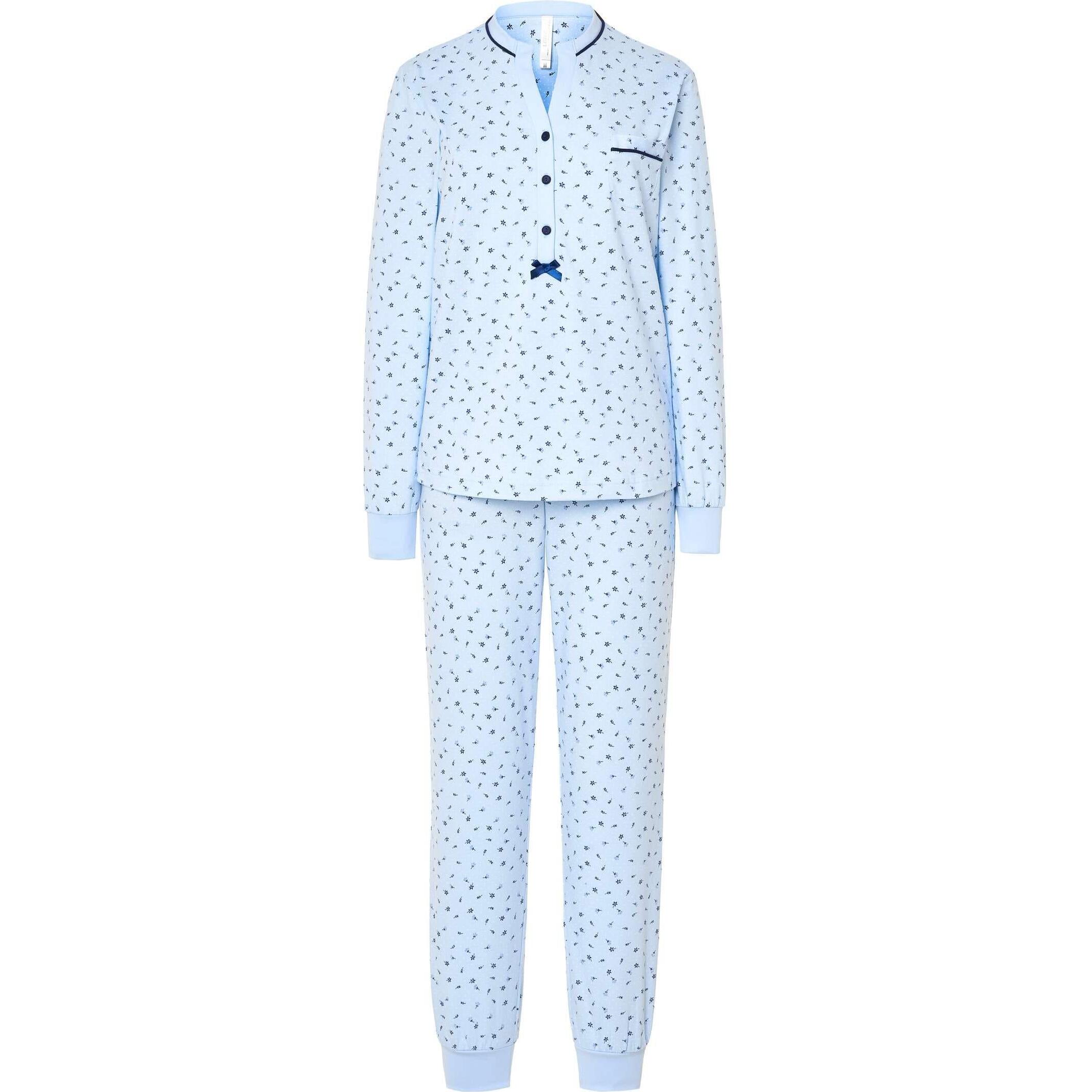 Pijama mujer estampado florecitas, escote redondo, abertura de botones, puños elásticos, cómoda manga larga y pantalón largo