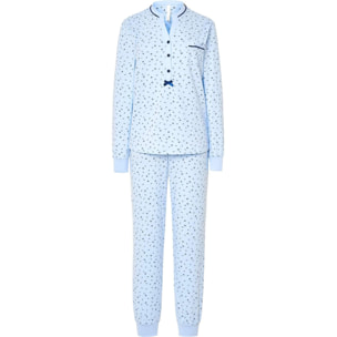 Pijama mujer estampado florecitas, escote redondo, abertura de botones, puños elásticos, cómoda manga larga y pantalón largo