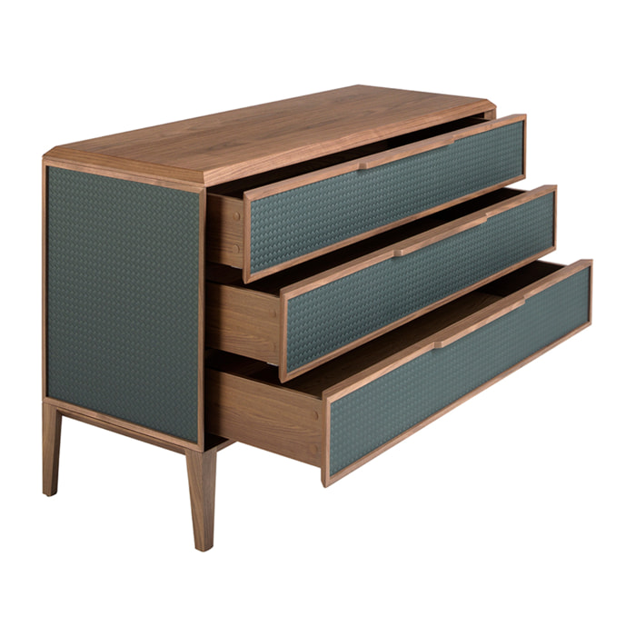 Cómoda con estructura de PVC en verde oscuro y patas de madera chapada en nogal natural 119x46x75cm