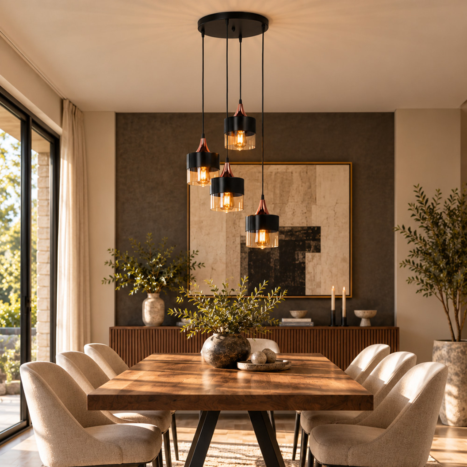 Lustre 4 suspensions en verre ambré métal noir et effet cuivre CUENCA