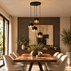 Lustre 4 suspensions en verre ambré métal noir et effet cuivre CUENCA