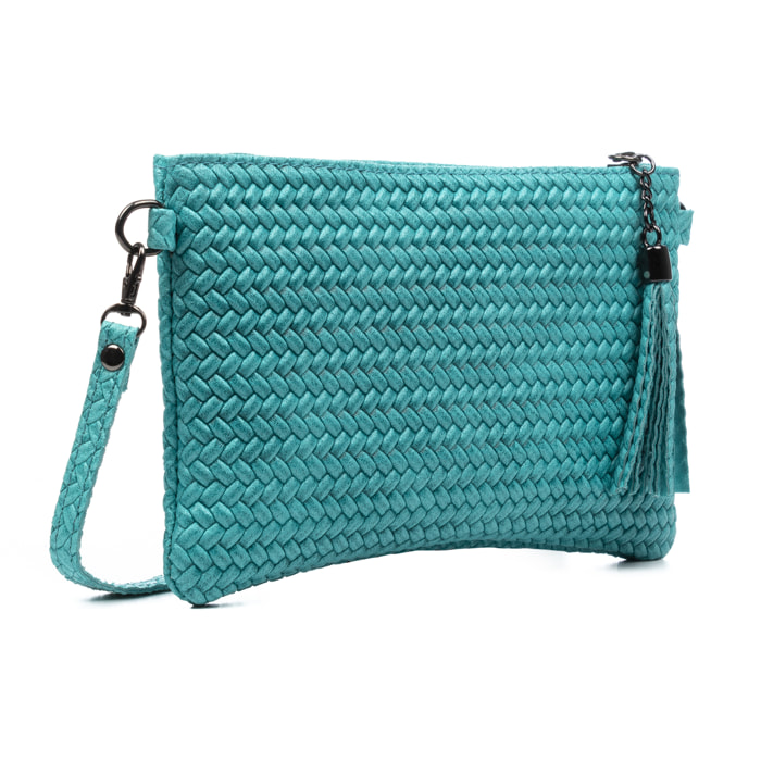 FIRENZE ARTEGIANI Borsa a Spalla da Donna Oleggio. Vera Pelle Scamosciata Intrecciata Incisa Made in Italy 23x4x15 Cm. Colore acquamarina