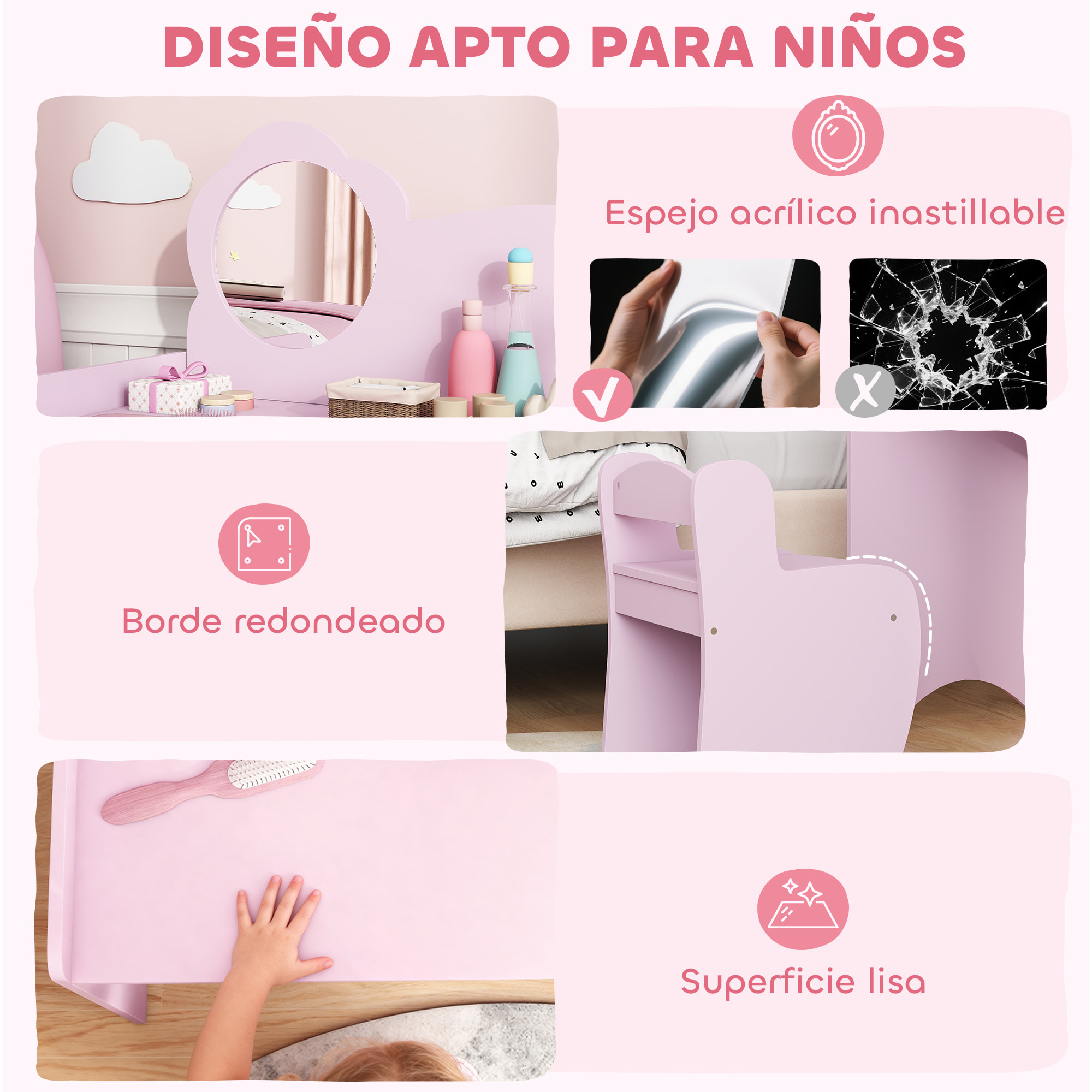 Tocador de Maquillaje Niña, 2 en 1, Escritorio, Tocador Infantil con Taburete, Espejo en Forma de Flor, Estantes Abiertos, para Niños +3 Años, Morado