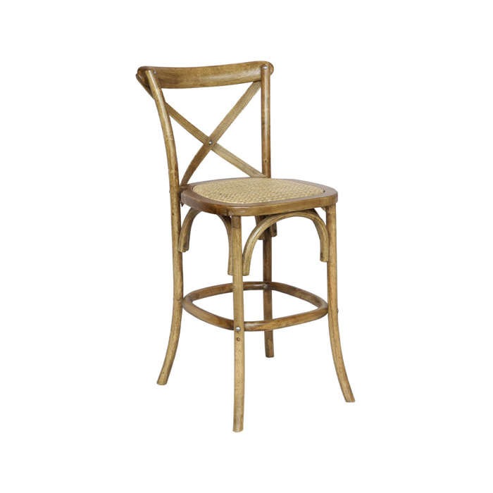 Tabouret de bar bistrot vintage en bois marron vieilli avec repose-pieds