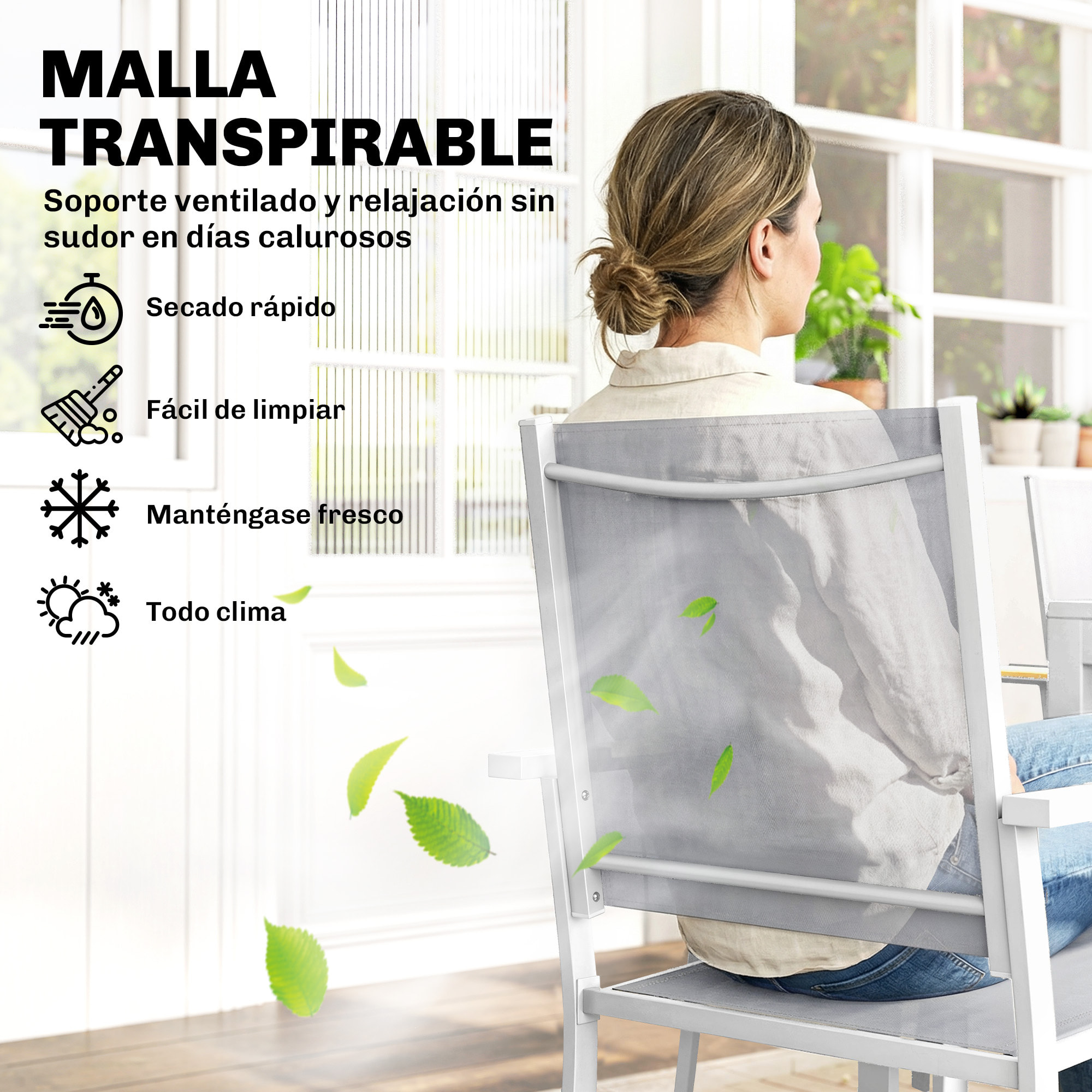 Conjunto de Mesa y Sillas Jardín de 7 Piezas, Muebles Jardín Exterior con Mesa de Plástico PSPC, 6 Sillas Apilables Transpirables, Marco de Acero Resistente a la Intemperie, Blanco