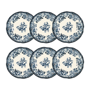 Lot de 6 assiettes à dessert fleuries en grès bleu 20cm FAUSTINE