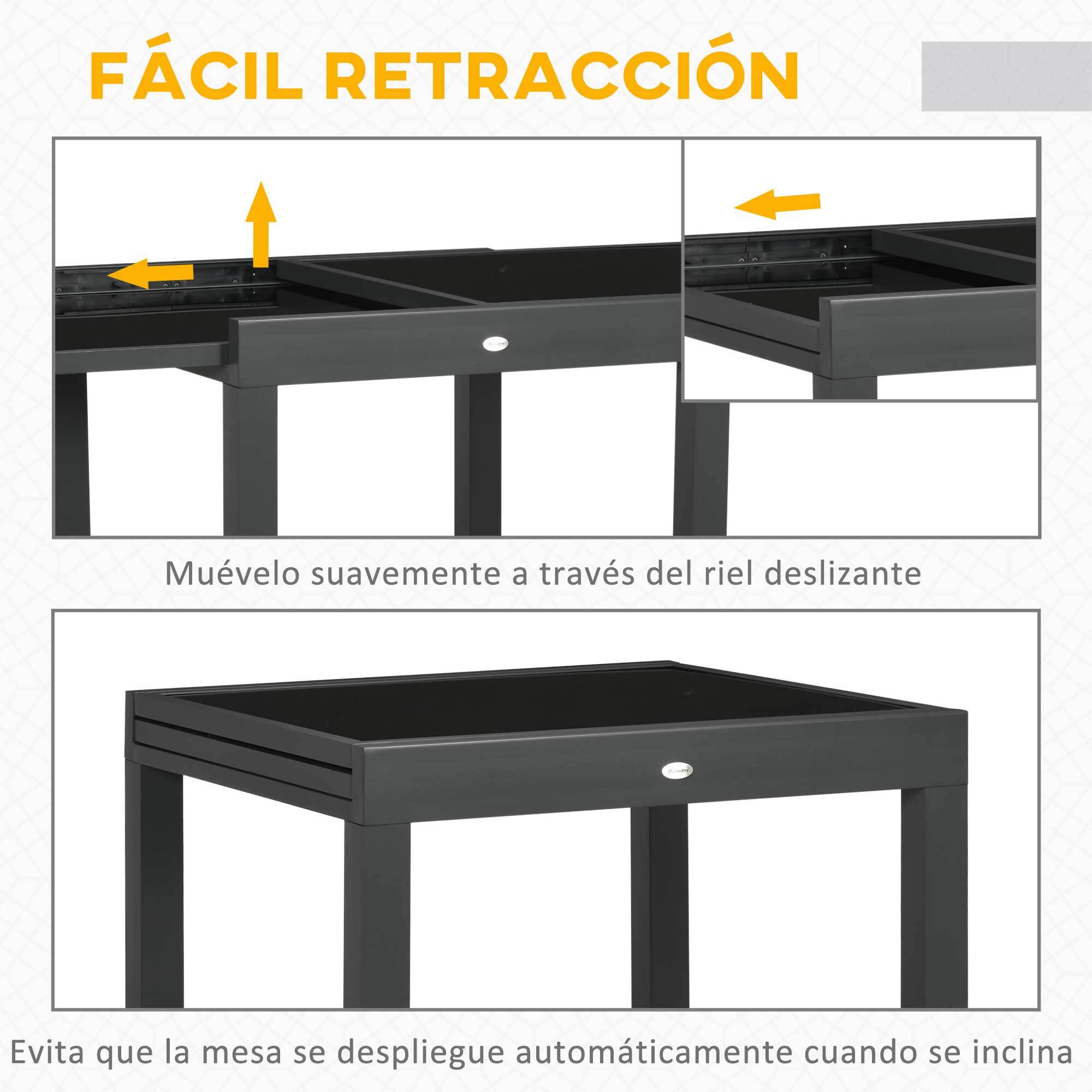 Mesa de Jardín Extensible de Aluminio Mesa de Comedor Rectangular con Encimera de Vidrio Templado Carga 50 kg para Terraza 80-160x80x75 cm Negro