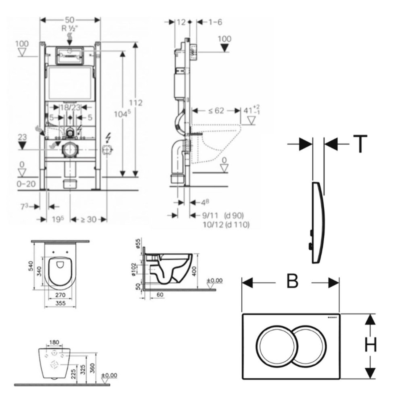 Pack WC Bati-support Geberit Duofix + WC sans bride Vitra S60 + Abattant SoftClose + Plaque Blanche (S60Geb3)