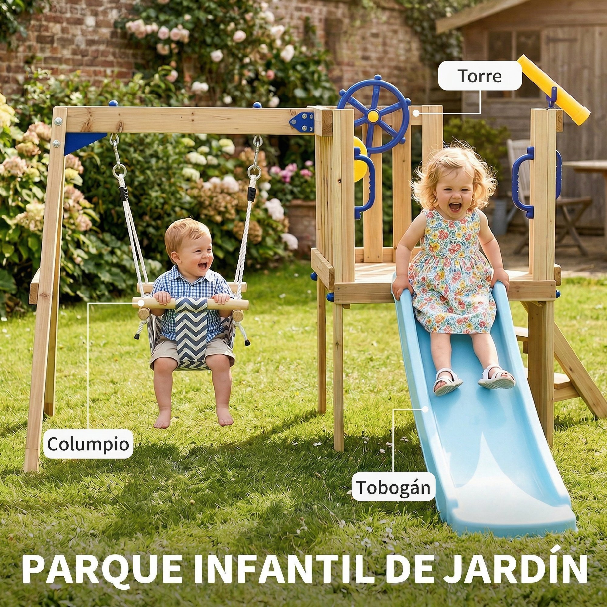 Columpio y Tobogán Infantil Exterior, Parque Infantil Exterior de Madera con Columpio, Tobogán, Volante, Telescopio, para Niños de 18-48 Meses, para Patio, Césped, Natural