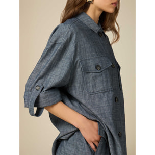 Oltre - Camisa amplia mezcla de lino efecto denim - Light - blue