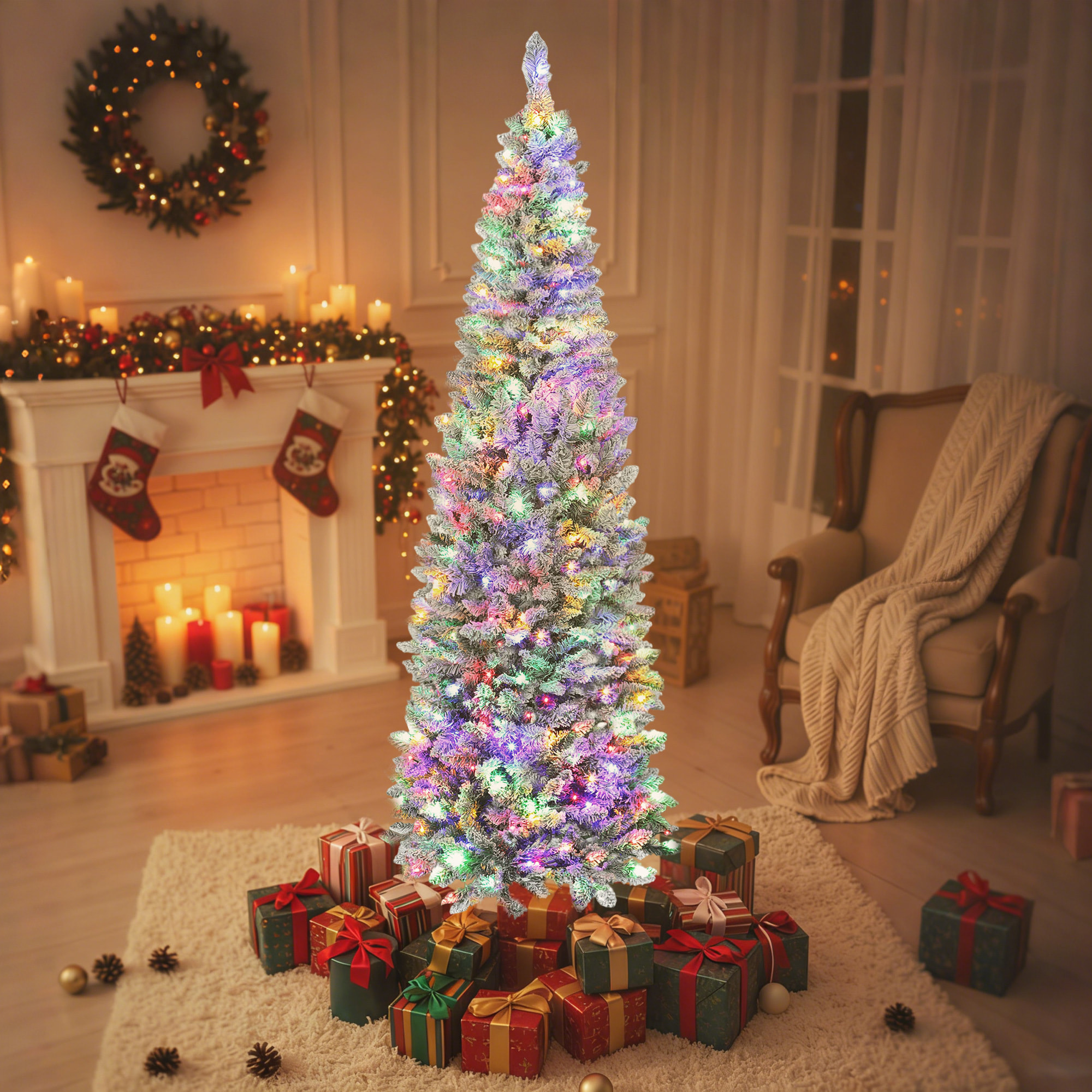 Árbol de Navidad Estrecho 210 cm, Árbol de Navidad Nevado con Luces LED Bicolores, 11 Modos de Iluminación, 687 Ramas, Soporte Metálico, Fácil de Montar, Verde