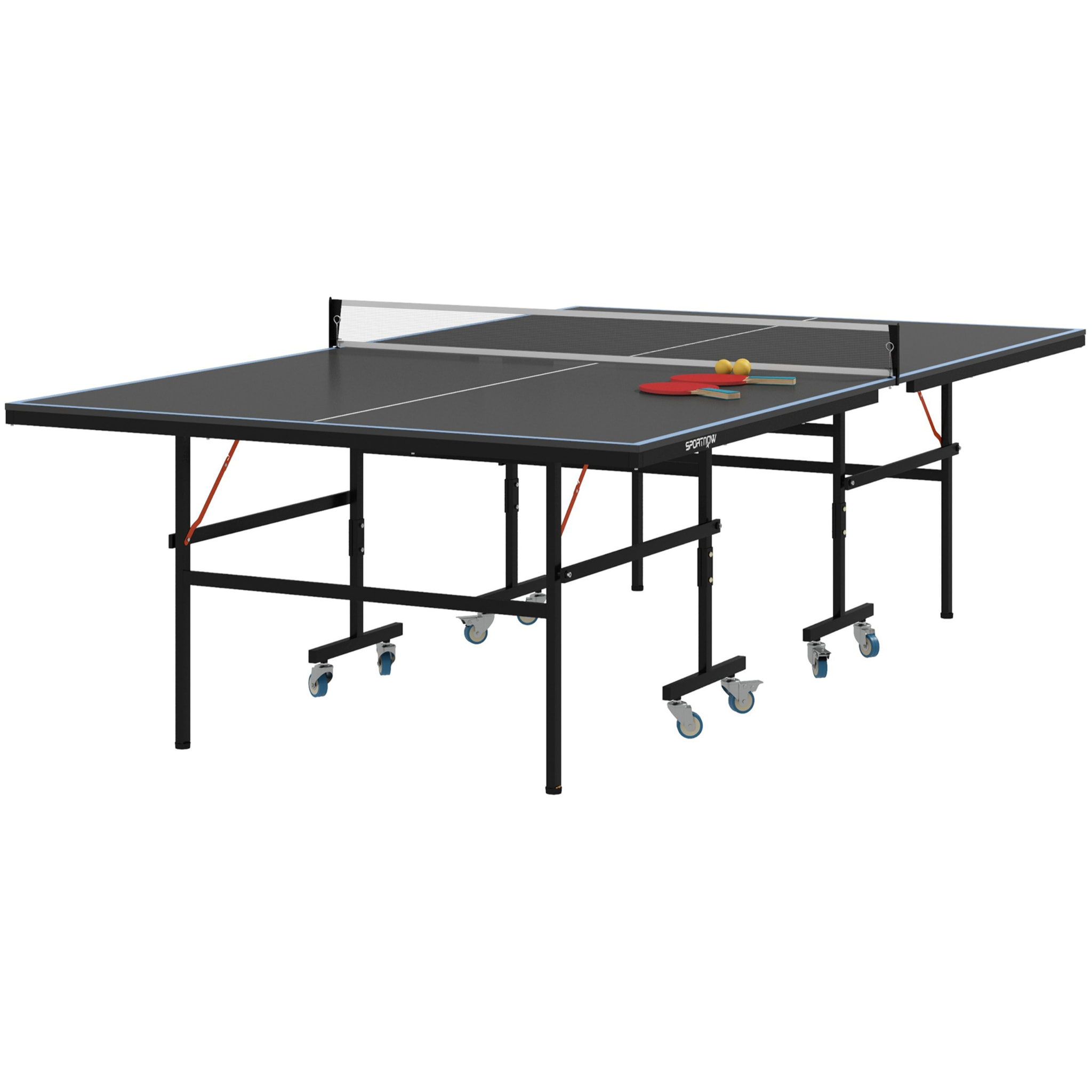 Table de ping pong tennis de table pliable 8 roues - filet, 2 raquettes, 3 balles inclus - noir gris