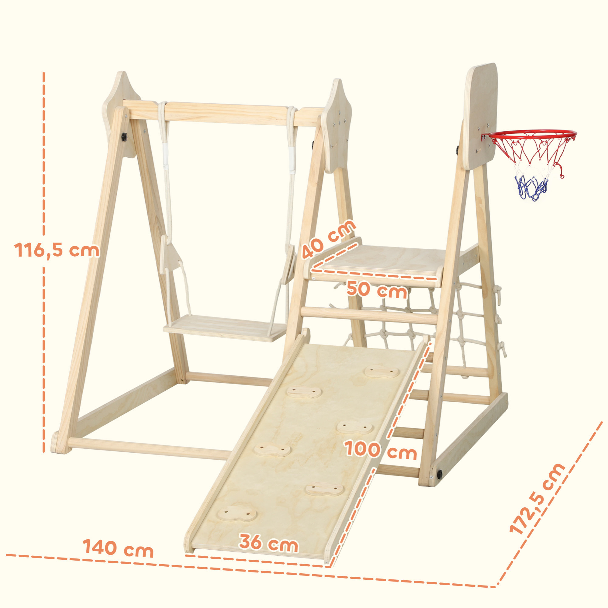 Tobogán Infantil 5 en 1, Estructura de Escalada de Madera con Tobogán, Columpio, Aro de Baloncesto, Tabla, Red de Escalada, Parque Plegable para Niños de 3-6 Años, Interior, Exterior, Natural