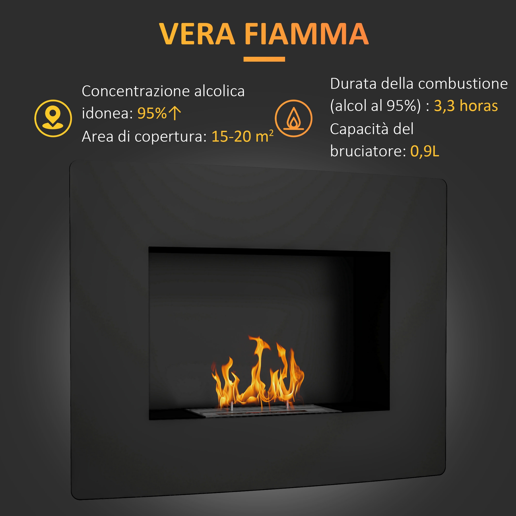 Chimenea de Bioetanol de Pared Estufa de Bioetanol Curva con Tanque de 0,9 L Apagallamas de Acero Inoxidable Tiempo de Combustión 3,3H para Interiores 15-20 m² 66x16x52 cm Negro