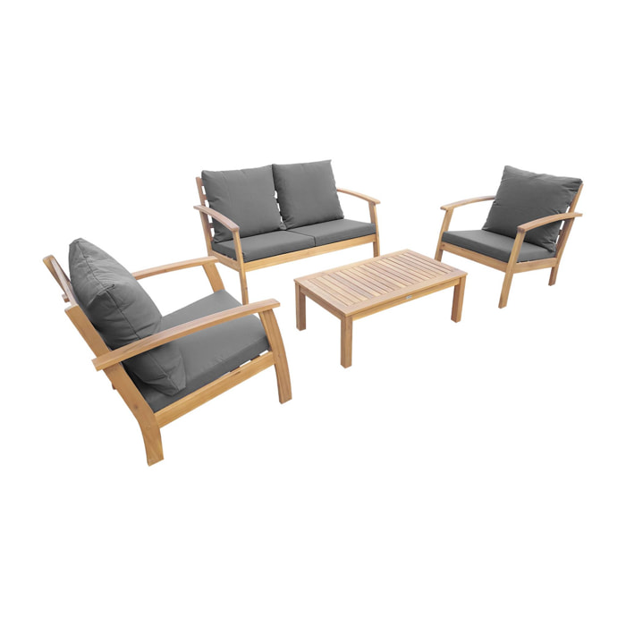 Salon de jardin en bois 4 places - Ushuaïa - Coussins Gris. canapé. fauteuils et table basse en acacia. design