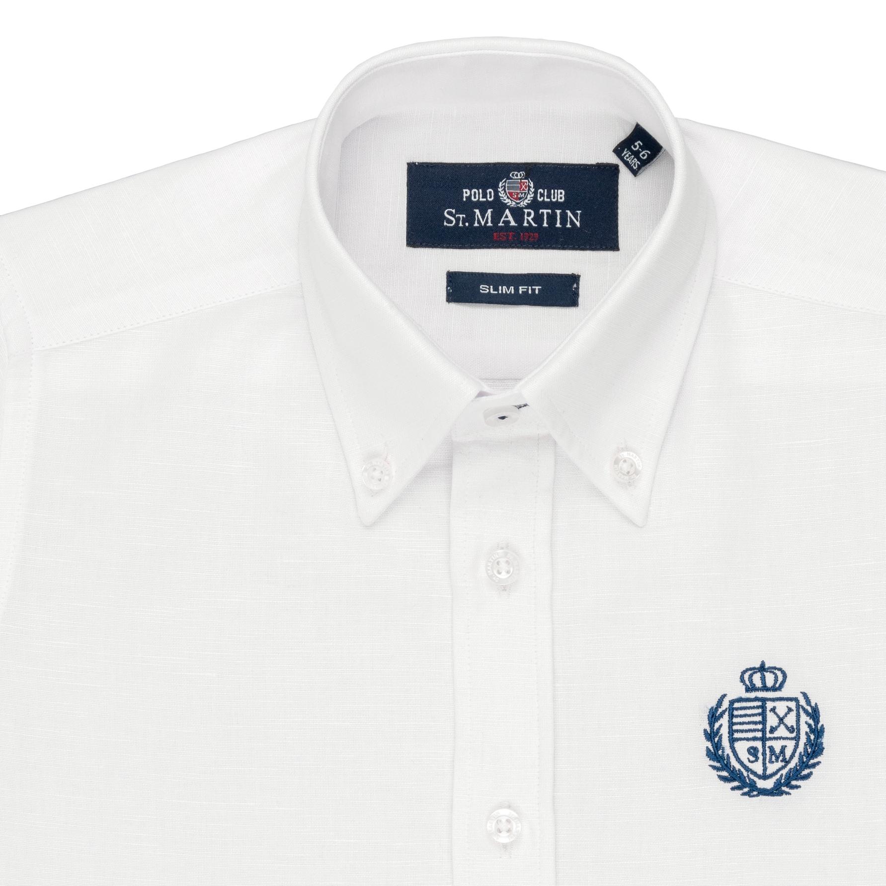 Camicia lino button down con ricamo logo Polo Club St Martin Bianco