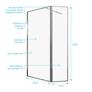 Paroi de Douche avec Volet Pivotant 90+40x200cm - Finition Chromée - CHROMED CONTOURING