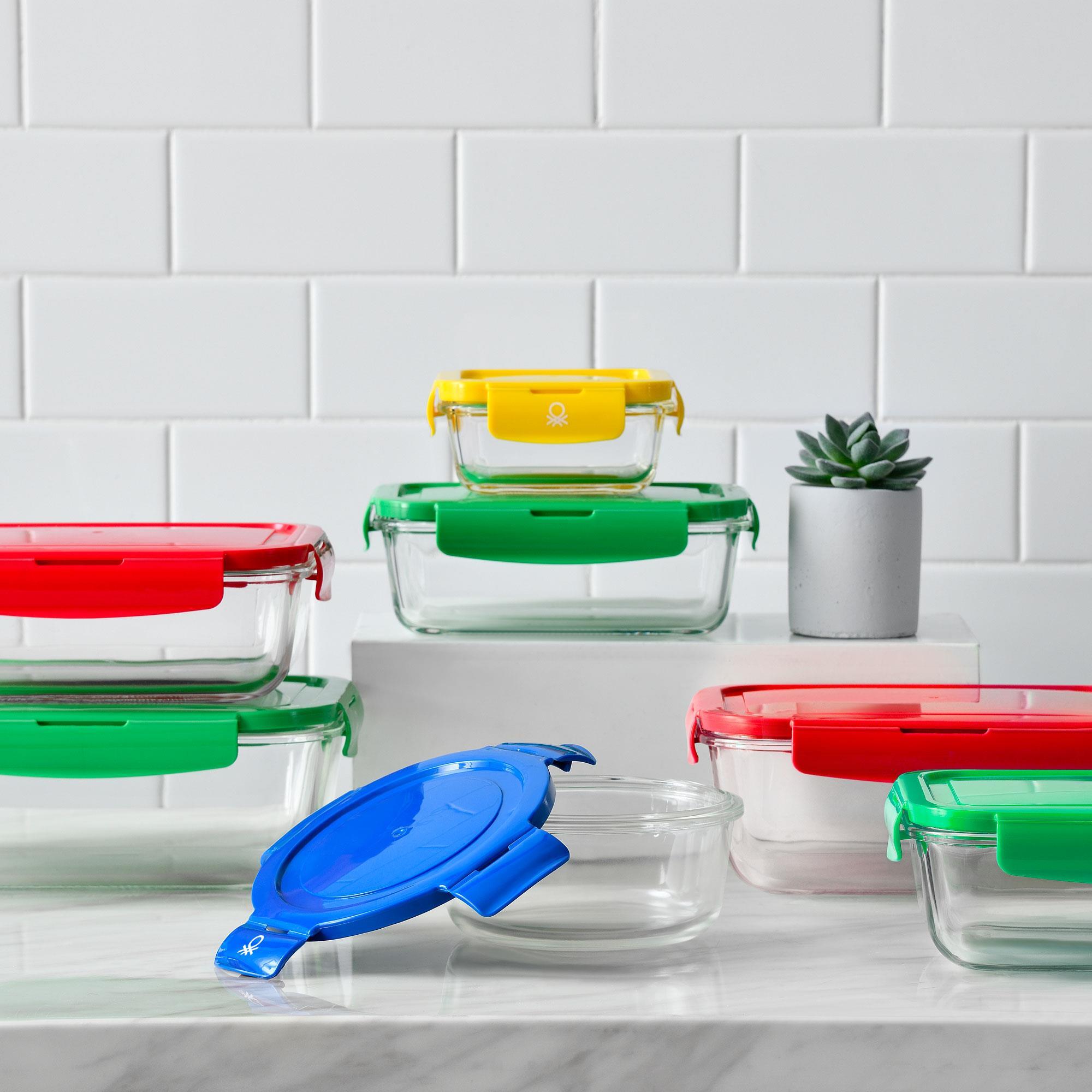 Set de 4 herméticos rectangulares de borosilicato de 840ml con tapa verde y resistente 'rainbow' benetton