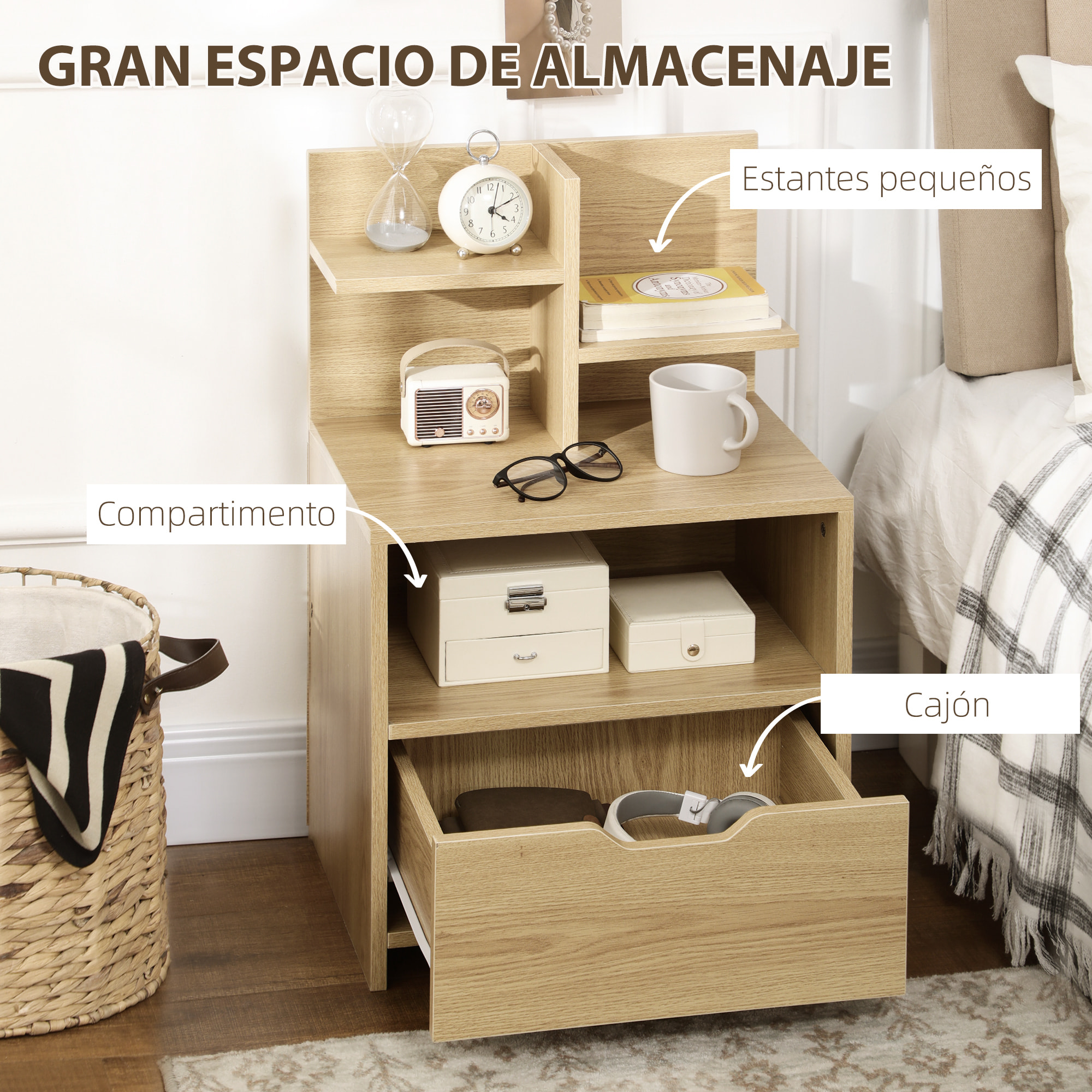 Mesita de Noche de Madera Mesilla de Noche Moderna con Cajón y Estantes de Almacenamiento Mesita Auxiliar para Salón Dormitorio 45x35x73 cm Natural